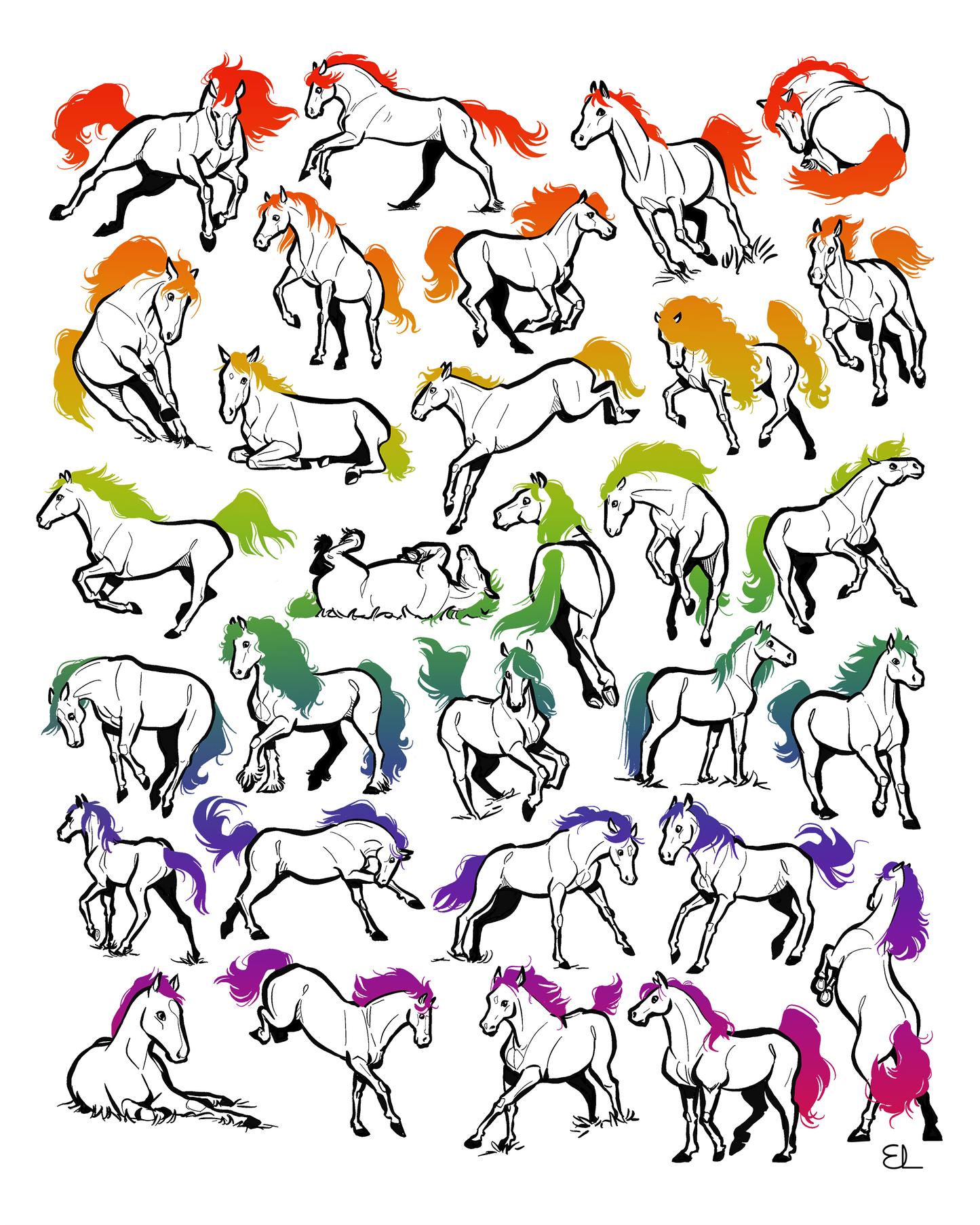 30 RAINBOW HORSES | Art Print